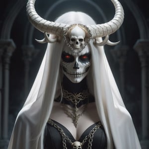 ((Masterpiece), (best quality), (highly detailed)), A mysterious skull-faced creature with menacing horns and a flowing cape stands tall, its eyes glowing with an eerie light. It chains up a delicate girl with long flowing white hair, their contrasting appearances creating a sense of tension. The scene is meticulously rendered, with each chain intricately designed and shadows expertly crafted to add depth and intensity to the image.