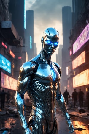 ((Masterpiece), (best quality), (highly detailed)), An evil, futuristic, cybernetic android with glowing blue eyes and a third eye on the forehead. It has a metallic body with neon glow on its limbs and chest. One arm is clenched, while the other arm is stretched out. The android hovers on top of a destroyed city on a silver board with neon glow. This scene is inspired by The Silver Surfer. The artwork will be realistic and ultra-realistic in style, with 12K HD resolution. The cityscape is meticulously rendered, showcasing a post-apocalyptic setting.