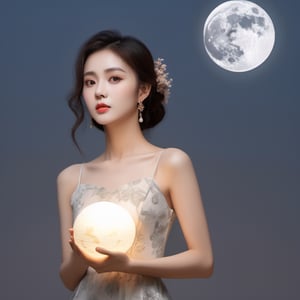 ((masterpiece), (best quality), (highly detailed)), A stunning 8k RAW photo, capturing the beauty of a solo girl on a serene night. The girl, with a lovely delicate face, is dressed in a floral dress, standing against a night background adorned with an oversized white moon. The photo showcases clear shadows and an absurd level of detail, with the girl gently holding a moon cake in her hand. The depth of field adds an enchanting touch to the composition.