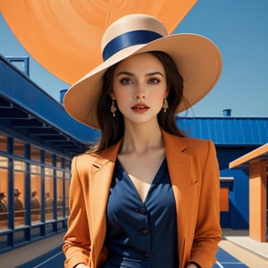 ((masterpiece), (best quality), (highly detailed)), A brunette woman wearing an elegant hat stands gracefully outside a track. The scene is meticulously detailed, with every intricate element captured in the light orange and dark blue color palette. Inspired by the works of Dmitry Vishnevsky and the School of London, the woman's attire features a combination of light brown and black tones, creating a sophisticated and stylish look. The artwork is rendered with multilayered precision, showcasing the finest details even in its 8k resolution. ,detailmaster2