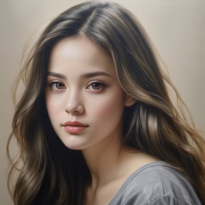 ((masterpiece), (best quality), (highly detailed)), A woman with long hair wearing a gray shirt is the subject of this beautiful painting. The artist has created a realistic and detailed portrayal of a cute girl, showcasing their expertise in 4K digital art. The painting captures the essence of the woman's features, bringing them to life with stunning realism. The use of oil adds to the beauty and richness of the portrait, making it a magnificent and visually captivating piece. This realistic and detailed oil painting is truly a work of art. 