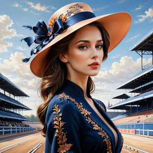 ((masterpiece), (best quality), (highly detailed)), A brunette woman wearing an elegant hat stands gracefully outside a track. The scene is meticulously detailed, with every intricate element captured in the light orange and dark blue color palette. Inspired by the works of Dmitry Vishnevsky and the School of London, the woman's attire features a combination of light brown and black tones, creating a sophisticated and stylish look. The artwork is rendered with multilayered precision, showcasing the finest details even in its 8k resolution. 