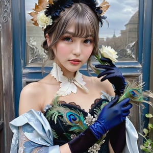 ((Masterpiece), (best quality), (highly detailed)), A beautiful peacock feather dress adorns a young girl standing elegantly in a cowboy shot. She wears elbow gloves while holding a flower in one hand and her other hand rests gracefully on her hip. She looks directly at the viewer with her stunning blue eyes, a hair ornament accenting her single hair bun. Her dress is intricately detailed, revealing bare shoulders and complimented by black gloves. Her long dress flows to the ground while her bangs and grey hair frame her face. The scene is reminiscent of the mucha art style with exquisite attention to detail.,detailmaster2,tadai_mahiro