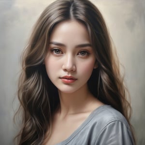 ((masterpiece), (best quality), (highly detailed)), A woman with long hair wearing a gray shirt is the subject of this beautiful painting. The artist has created a realistic and detailed portrayal of a cute girl, showcasing their expertise in 4K digital art. The painting captures the essence of the woman's features, bringing them to life with stunning realism. The use of oil adds to the beauty and richness of the portrait, making it a magnificent and visually captivating piece. This realistic and detailed oil painting is truly a work of art. 