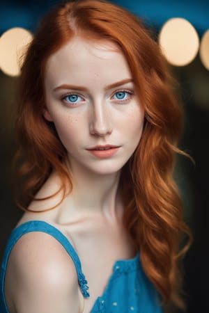 ((Masterpiece), (best quality), (highly detailed)), A young, attractive redhead woman with blue eyes and a few freckles is captured in a mood-filled setting. The photo is taken with a Canon EOS R5 camera using a 50mm lens, set at f/1.4 and ISO 100. The lighting is natural and soft, enhancing the overall atmosphere of the image.,FilmGirl,cutegirlmix
