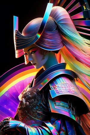 ((Masterpiece), (best quality), (highly detailed)), A heroic knight, embodying the essence of medieval chivalry, engages in an epic battle as a fractal giant robotic geisha warrior in a cosmic arena. The scene is set against a backdrop of living alien architecture, showcasing the vastness of the universe. The composition is enhanced by the vibrant hues of a quantum disco, creating a holographic rainbow effect that contrasts with the pure black backdrop. Additionally, a striking X-Ray Vision Cross-Section styled shot reveals the intricate workings inside the Geisha Assassin's soul, capturing the essence of her mysterious allure. The composition also highlights the dark energy coursing through the frame, intensifying the dramatic atmosphere. 