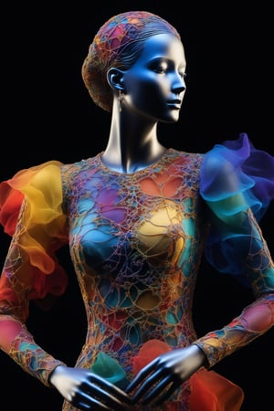 ((Masterpiece), (best quality), (highly detailed)), A mannequin made of multicolored quantum entanglement stands tall in the midst of a fractal mist. The intricate patterns of the entangled particles create a mesmerizing display, capturing the essence of quantum physics. The composition is captured through macropotography against a deep black background, emphasizing the vibrant colors and delicate details of the mannequin.