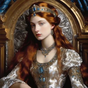 ((masterpiece), (best quality), (highly detailed)), In a chiaroscuro darkened room, a highly detailed digital artwork is created featuring a painting of a beautiful young queen. She is depicted wearing intricate beaded brocade, seated on an elaborate embellished ornate metallic silver throne. The inspiration for this artwork comes from various sources, including Dino Valls, Renaissance art, the sculpture of Hermes, Vittorio Matteo Corcos, album art, and the damask wallpaper background adds to the richness of the scene. The portrait is reminiscent of the beauty and grace of Helen of Troy, and the overall composition draws inspiration from artists such as Jean-Sebastien Rossbach, Louis Royo, Sandro Botticelli, Vargas, and the Pre-Raphaelites.