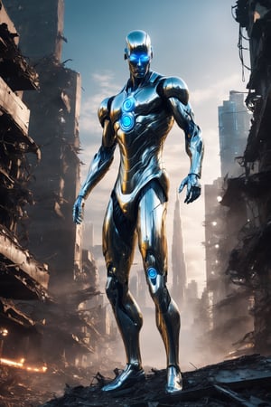 ((Masterpiece), (best quality), (highly detailed)), An evil, futuristic, cybernetic android with glowing blue eyes and a third eye on the forehead. It has a metallic body with neon glow on its limbs and chest. One arm is clenched, while the other arm is stretched out. The android hovers on top of a destroyed city on a silver board with neon glow. This scene is inspired by The Silver Surfer. The artwork will be realistic and ultra-realistic in style, with 12K HD resolution. The cityscape is meticulously rendered, showcasing a post-apocalyptic setting.