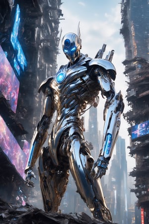 ((Masterpiece), (best quality), (highly detailed)), An evil, futuristic, cybernetic android with glowing blue eyes and a third eye on the forehead. It has a metallic body with neon glow on its limbs and chest. One arm is clenched, while the other arm is stretched out. The android hovers on top of a destroyed city on a silver board with neon glow. This scene is inspired by The Silver Surfer. The artwork will be realistic and ultra-realistic in style, with 12K HD resolution. The cityscape is meticulously rendered, showcasing a post-apocalyptic setting.,mecha,robot,cyborg style,cyborg