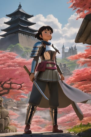 ((Masterpiece), (best quality), (highly detailed)), In a close range, action-packed scene captured in slow motion, a female warrior 1girl wearing full body leather armor strikes an intense pose. The armor has a cloak-style design, accompanied by a pink theme that accentuates its visual appeal. The artwork showcases insane levels of detail, incorporating a bloom effect for a visually stunning outcome. The analog aesthetics add a touch of authenticity to the composition, further enhanced by high sharpness and intricate details in the character's pupils. The overall style leans towards an anime aesthetic, resembling anime paintings, and is crafted with meticulous attention to detail. The artwork is rendered in 8K resolution, offering photorealistic visuals. The character features long, grey, and messy hair, exuding an ecstatic vibe, while maintaining sharp and realistic elements. Real shadows and 3D rendering techniques are employed to ensure the highest quality outcome. The concept art maintains a resolution of 4K, while incorporating The Castle of Shadows as the background. The background itself is highly detailed, serving as a captivating setting for the character. Drawing inspiration from the mksks style and the esteemed works of Studio Ghibli, Hayao Miyazaki, Akira, and Katsuhiro Otomo.
