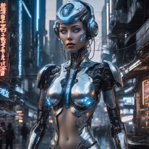 ((Masterpiece), (best quality), (highly detailed)), A silver female cyborg with a sleek, mechanical body stands tall in a cyberpunk cityscape. Her piercing blue eyes glow with an otherworldly light, captivating anyone who looks into them. The surface of her body is crafted from glistening metal, reflecting the neon lights of the futuristic city. Intricate invisible circuits run beneath her skin, showcasing the advanced technology integrated within her. This scene is a tribute to the iconic artwork of Hajime Sorayama, capturing his unique blend of sensuality and robotics.,cyborg style,cyborg,SteelHeartQuiron character,android