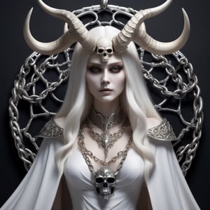 ((Masterpiece), (best quality), (highly detailed)), A mysterious skull-faced creature with menacing horns and a flowing cape stands tall, its eyes glowing with an eerie light. It chains up a delicate girl with long flowing white hair, their contrasting appearances creating a sense of tension. The scene is meticulously rendered, with each chain intricately designed and shadows expertly crafted to add depth and intensity to the image.