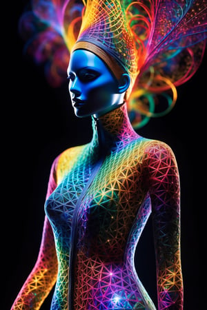 ((Masterpiece), (best quality), (highly detailed)), A mannequin made of multicolored quantum entanglement stands tall in the midst of a fractal mist. The intricate patterns of the entangled particles create a mesmerizing display, capturing the essence of quantum physics. The composition is captured through macropotography against a deep black background, emphasizing the vibrant colors and delicate details of the mannequin.