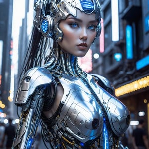 ((Masterpiece), (best quality), (highly detailed)), A silver female cyborg with a sleek, mechanical body stands tall in a cyberpunk cityscape. Her piercing blue eyes glow with an otherworldly light, captivating anyone who looks into them. The surface of her body is crafted from glistening metal, reflecting the neon lights of the futuristic city. Intricate invisible circuits run beneath her skin, showcasing the advanced technology integrated within her. This scene is a tribute to the iconic artwork of Hajime Sorayama, capturing his unique blend of sensuality and robotics.,cyborg style,cyborg,android