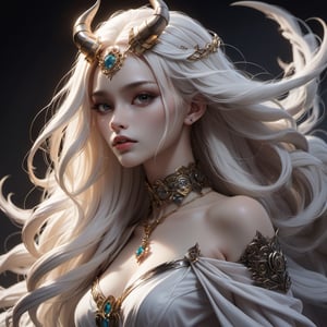 ((Masterpiece), (best quality), (highly detailed)), A mysterious skull-faced creature with menacing horns and a flowing cape stands tall, its eyes glowing with an eerie light. It chains up a delicate girl with long flowing white hair, their contrasting appearances creating a sense of tension. The scene is meticulously rendered, with each chain intricately designed and shadows expertly crafted to add depth and intensity to the image.