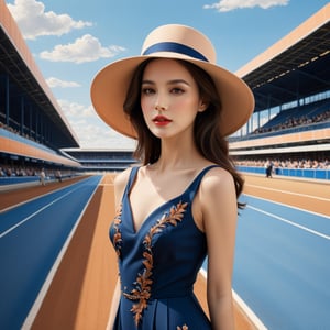 ((masterpiece), (best quality), (highly detailed)), A brunette woman wearing an elegant hat stands gracefully outside a track. The scene is meticulously detailed, with every intricate element captured in the light orange and dark blue color palette. Inspired by the works of Dmitry Vishnevsky and the School of London, the woman's attire features a combination of light brown and black tones, creating a sophisticated and stylish look. The artwork is rendered with multilayered precision, showcasing the finest details even in its 8k resolution. ,detailmaster2