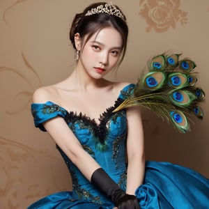 ((Masterpiece), (best quality), (highly detailed)), A beautiful peacock feather dress adorns a young girl standing elegantly in a cowboy shot. She wears elbow gloves while holding a flower in one hand and her other hand rests gracefully on her hip. She looks directly at the viewer with her stunning blue eyes, a hair ornament accenting her single hair bun. Her dress is intricately detailed, revealing bare shoulders and complimented by black gloves. Her long dress flows to the ground while her bangs and grey hair frame her face. The scene is reminiscent of the mucha art style with exquisite attention to detail. ,photo r3al,p3rfect boobs,xxmix_girl