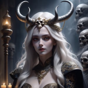 ((Masterpiece), (best quality), (highly detailed)), A mysterious skull-faced creature with menacing horns and a flowing cape stands tall, its eyes glowing with an eerie light. It chains up a delicate girl with long flowing white hair, their contrasting appearances creating a sense of tension. The scene is meticulously rendered, with each chain intricately designed and shadows expertly crafted to add depth and intensity to the image.