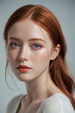 ((Masterpiece), (best quality), (highly detailed)), A young, attractive redhead woman with blue eyes and a few freckles is captured in a mood-filled setting. The photo is taken with a Canon EOS R5 camera using a 50mm lens, set at f/1.4 and ISO 100. The lighting is natural and soft, enhancing the overall atmosphere of the image.