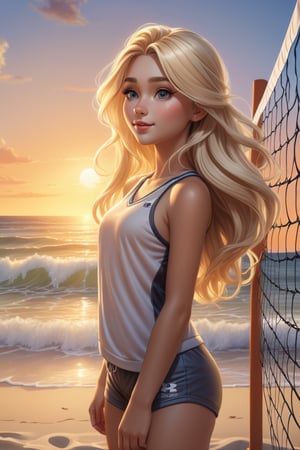 ((Masterpiece), (best quality), (highly detailed)), A cartoon girl with flowing blonde hair stands by the beach near a volleyball net. The scene is rendered in a hyper-realistic style that captures every detail of the breathtaking environment. The sun sets behind her, casting a warm glow over the entire scene. 