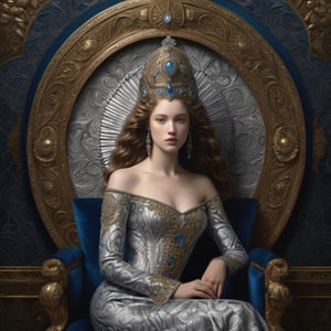 ((masterpiece), (best quality), (highly detailed)), In a chiaroscuro darkened room, a highly detailed digital artwork is created featuring a painting of a beautiful young queen. She is depicted wearing intricate beaded brocade, seated on an elaborate embellished ornate metallic silver throne. The inspiration for this artwork comes from various sources, including Dino Valls, Renaissance art, the sculpture of Hermes, Vittorio Matteo Corcos, album art, and the damask wallpaper background adds to the richness of the scene. The portrait is reminiscent of the beauty and grace of Helen of Troy, and the overall composition draws inspiration from artists such as Jean-Sebastien Rossbach, Louis Royo, Sandro Botticelli, Vargas, and the Pre-Raphaelites.