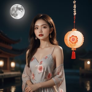 ((masterpiece), (best quality), (highly detailed)), A stunning 8k RAW photo, capturing the beauty of a solo girl on a serene night. The girl, with a lovely delicate face, is dressed in a floral dress, standing against a night background adorned with an oversized white moon. The photo showcases clear shadows and an absurd level of detail, with the girl gently holding a moon cake in her hand. The depth of field adds an enchanting touch to the composition, FilmGirl,FilmGirl