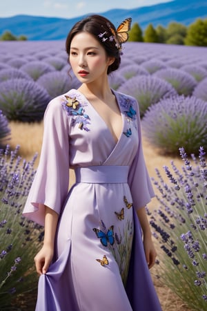 ((Masterpiece), (best quality), (highly detailed)), An japanese American woman, dressed in nature-themed clothing, is standing in the midst of a lavender pasture, surrounded by fluttering butterflies. With her poised and strong stance, she looks into a mirror that reflects a scene opposite to everything in the foreground. The entire composition is highly detailed, capturing the beauty of the woman and the pastoral landscape with great care.