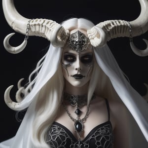 ((Masterpiece), (best quality), (highly detailed)), A mysterious skull-faced creature with menacing horns and a flowing cape stands tall, its eyes glowing with an eerie light. It chains up a delicate girl with long flowing white hair, their contrasting appearances creating a sense of tension. The scene is meticulously rendered, with each chain intricately designed and shadows expertly crafted to add depth and intensity to the image.