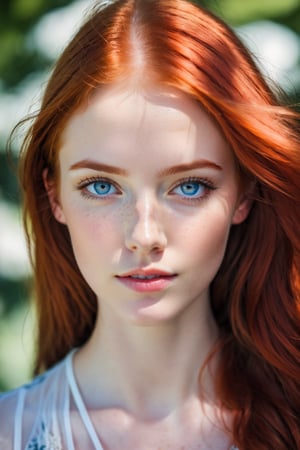 ((Masterpiece), (best quality), (highly detailed)), A young, attractive redhead woman with blue eyes and a few freckles is captured in a mood-filled setting. The photo is taken with a Canon EOS R5 camera using a 50mm lens, set at f/1.4 and ISO 100. The lighting is natural and soft, enhancing the overall atmosphere of the image.