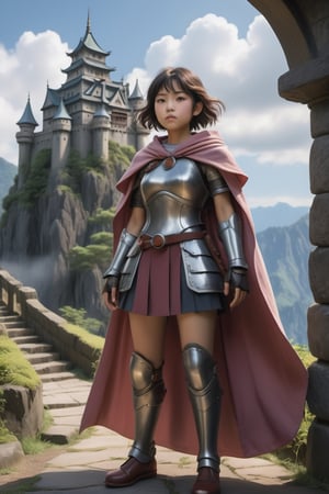 ((Masterpiece), (best quality), (highly detailed)), In a close range, action-packed scene captured in slow motion, a female warrior 1girl wearing full body leather armor strikes an intense pose. The armor has a cloak-style design, accompanied by a pink theme that accentuates its visual appeal. The artwork showcases insane levels of detail, incorporating a bloom effect for a visually stunning outcome. The analog aesthetics add a touch of authenticity to the composition, further enhanced by high sharpness and intricate details in the character's pupils. The overall style leans towards an anime aesthetic, resembling anime paintings, and is crafted with meticulous attention to detail. The artwork is rendered in 8K resolution, offering photorealistic visuals. The character features long, grey, and messy hair, exuding an ecstatic vibe, while maintaining sharp and realistic elements. Real shadows and 3D rendering techniques are employed to ensure the highest quality outcome. The concept art maintains a resolution of 4K, while incorporating The Castle of Shadows as the background. The background itself is highly detailed, serving as a captivating setting for the character. Drawing inspiration from the mksks style and the esteemed works of Studio Ghibli, Hayao Miyazaki, Akira, and Katsuhiro Otomo.