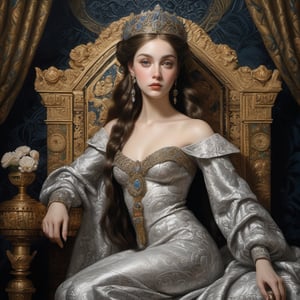 ((masterpiece), (best quality), (highly detailed)), In a chiaroscuro darkened room, a highly detailed digital artwork is created featuring a painting of a beautiful young queen. She is depicted wearing intricate beaded brocade, seated on an elaborate embellished ornate metallic silver throne. The inspiration for this artwork comes from various sources, including Dino Valls, Renaissance art, the sculpture of Hermes, Vittorio Matteo Corcos, album art, and the damask wallpaper background adds to the richness of the scene. The portrait is reminiscent of the beauty and grace of Helen of Troy, and the overall composition draws inspiration from artists such as Jean-Sebastien Rossbach, Louis Royo, Sandro Botticelli, Vargas, and the Pre-Raphaelites.