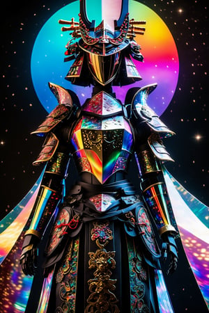 ((Masterpiece), (best quality), (highly detailed)), A heroic knight, embodying the essence of medieval chivalry, engages in an epic battle as a fractal giant robotic geisha warrior in a cosmic arena. The scene is set against a backdrop of living alien architecture, showcasing the vastness of the universe. The composition is enhanced by the vibrant hues of a quantum disco, creating a holographic rainbow effect that contrasts with the pure black backdrop. Additionally, a striking X-Ray Vision Cross-Section styled shot reveals the intricate workings inside the Geisha Assassin's soul, capturing the essence of her mysterious allure. The composition also highlights the dark energy coursing through the frame, intensifying the dramatic atmosphere. ,FilmGirl