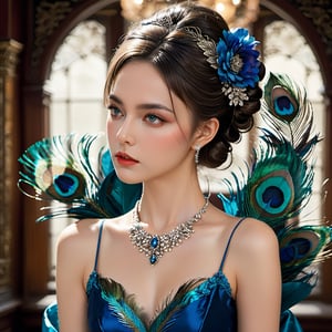 ((Masterpiece), (best quality), (highly detailed)), A beautiful peacock feather dress adorns a young girl standing elegantly in a cowboy shot. She wears elbow gloves while holding a flower in one hand and her other hand rests gracefully on her hip. She looks directly at the viewer with her stunning blue eyes, a hair ornament accenting her single hair bun. Her dress is intricately detailed, revealing bare shoulders and complimented by black gloves. Her long dress flows to the ground while her bangs and grey hair frame her face. The scene is reminiscent of the mucha art style with exquisite attention to detail.,detailmaster2,FilmGirl