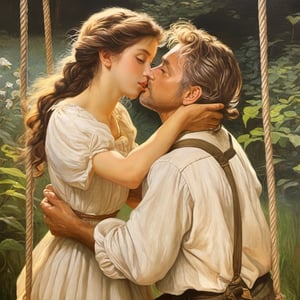 ((Masterpiece), (best quality), (highly detailed)), A hyperrealistic oil painting depicting a charming scene of a man and a woman on a swing. The painting captures the subtle movements and expressions of the subjects, showcasing the talents of the artist. It resembles the style of Pierre Auguste Cot's famous work "Peasant Boy and Girl First Kiss," with intricate attention to detail and a touch of fantasy. The artwork has gained popularity on CG Society and has been admired for its stunning realism. The painting is illuminated with an uplight, enhancing the intricate brushwork and highlighting the captivating colors. 
