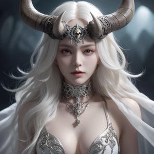 ((Masterpiece), (best quality), (highly detailed)), A mysterious skull-faced creature with menacing horns and a flowing cape stands tall, its eyes glowing with an eerie light. It chains up a delicate girl with long flowing white hair, their contrasting appearances creating a sense of tension. The scene is meticulously rendered, with each chain intricately designed and shadows expertly crafted to add depth and intensity to the image.