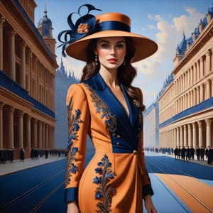 ((masterpiece), (best quality), (highly detailed)), A brunette woman wearing an elegant hat stands gracefully outside a track. The scene is meticulously detailed, with every intricate element captured in the light orange and dark blue color palette. Inspired by the works of Dmitry Vishnevsky and the School of London, the woman's attire features a combination of light brown and black tones, creating a sophisticated and stylish look. The artwork is rendered with multilayered precision, showcasing the finest details even in its 8k resolution. ,detailmaster2