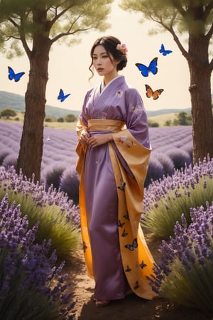 ((Masterpiece), (best quality), (highly detailed)), An japanese American woman, dressed in nature-themed clothing, is standing in the midst of a lavender pasture, surrounded by fluttering butterflies. With her poised and strong stance, she looks into a mirror that reflects a scene opposite to everything in the foreground. The entire composition is highly detailed, capturing the beauty of the woman and the pastoral landscape with great care.