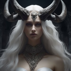 ((Masterpiece), (best quality), (highly detailed)), A mysterious skull-faced creature with menacing horns and a flowing cape stands tall, its eyes glowing with an eerie light. It chains up a delicate girl with long flowing white hair, their contrasting appearances creating a sense of tension. The scene is meticulously rendered, with each chain intricately designed and shadows expertly crafted to add depth and intensity to the image.