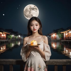 ((masterpiece), (best quality), (highly detailed)), A stunning 8k RAW photo, capturing the beauty of a solo girl on a serene night. The girl, with a lovely delicate face, is dressed in a floral dress, standing against a night background adorned with an oversized white moon. The photo showcases clear shadows and an absurd level of detail, with the girl gently holding a moon cake in her hand. The depth of field adds an enchanting touch to the composition.,LinkGirl,FilmGirl