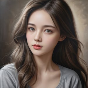 ((masterpiece), (best quality), (highly detailed)), A woman with long hair wearing a gray shirt is the subject of this beautiful painting. The artist has created a realistic and detailed portrayal of a cute girl, showcasing their expertise in 4K digital art. The painting captures the essence of the woman's features, bringing them to life with stunning realism. The use of oil adds to the beauty and richness of the portrait, making it a magnificent and visually captivating piece. This realistic and detailed oil painting is truly a work of art. 