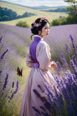((Masterpiece), (best quality), (highly detailed)), An japanese American woman, dressed in nature-themed clothing, is standing in the midst of a lavender pasture, surrounded by fluttering butterflies. With her poised and strong stance, she looks into a mirror that reflects a scene opposite to everything in the foreground. The entire composition is highly detailed, capturing the beauty of the woman and the pastoral landscape with great care.