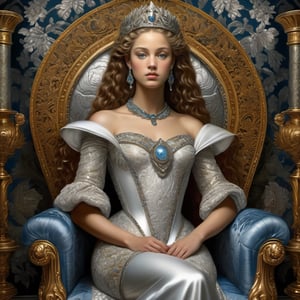 ((masterpiece), (best quality), (highly detailed)), In a chiaroscuro darkened room, a highly detailed digital artwork is created featuring a painting of a beautiful young queen. She is depicted wearing intricate beaded brocade, seated on an elaborate embellished ornate metallic silver throne. The inspiration for this artwork comes from various sources, including Dino Valls, Renaissance art, the sculpture of Hermes, Vittorio Matteo Corcos, album art, and the damask wallpaper background adds to the richness of the scene. The portrait is reminiscent of the beauty and grace of Helen of Troy, and the overall composition draws inspiration from artists such as Jean-Sebastien Rossbach, Louis Royo, Sandro Botticelli, Vargas, and the Pre-Raphaelites.