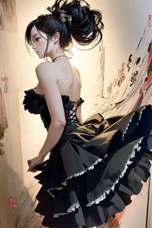 ((Masterpiece), (best quality), (highly detailed)), "Young woman tying a frilled skirt, long cascading hair, attractive rear poses, collaborative portrait envisioned in the unique styles of Jean Baptiste Monge, Carne Griffiths, Michael Garmash, and Seb McKinnon, backlit, dark background, perfect eyes blending innocence and wisdom, artful makeup, exceptional manicure, voluminous, vibrant, hyper-realistic details, frilled skirt's texture emphasized, flowing hair in dramatic motion, timeless elegance radiating against darkness",photorealistic,Masterpiece,ai_uehara,xxmixgirl,Calligraphy