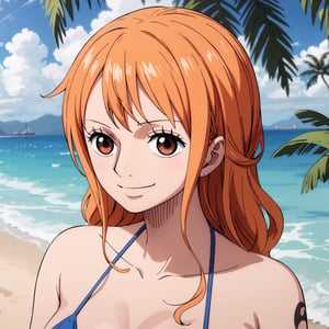 masterpiece, best quality, (detailed eyes, detailed background), absurdres, highres, ultra detailed, masterpiece, best quality, brown eyes,  palm tree, vegetaion, beach, seaside, pirate ship, smile, side-tie_bikini,NamiOP