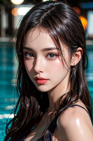 1 young girl, (Best Quality:1.4), 8K resolution, High resolution, (Photorealistic, High resolution:1.4), Raw photo, (Realistic, Photorealsitic:1.37), Gloss on lips, XD, Parted lips, Staring at me, Nose, Realistic, pool, depth of field, face light, (((bokeh))),