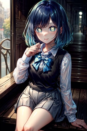 (best quality, masterpiece, ultra quality), cute girl, medium hair, straight hair, tall, tan skin, professional-looking, visible forehead, outdoors, bright sunlight, cute smile, ((hmakane, blue hair, short hair, gradient hair, medium breasts, blue bowtie, collared shirt, black vest, long sleeves, pleated skirt, grey skirt, symbol-shaped pupils)), beautiful figure, detailed face, detailed eyes, look at the camera, perfect lighting, UHD, line art, background detailed, intricate details, highly detailed, dynamic light, sitting