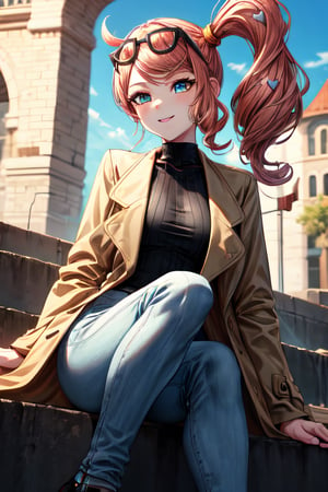 (best quality, masterpiece, ultra quality), cute girl, medium hair, straight hair, tall, tan skin, professional-looking, visible forehead, outdoors, bright sunlight, cute smile, ((sonia, side ponytail, heart hair ornament, eyewear on head, trench coat, pants)), beautiful figure, detailed face, detailed eyes, look at the camera, perfect lighting, UHD, line art, background detailed, intricate details, highly detailed, dynamic light, sitting,sonia