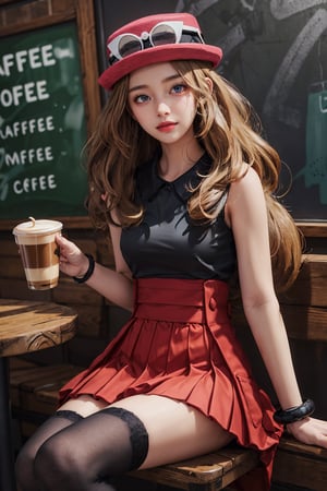 absurdres, highres, ultra detailed,(1girl), BREAK ,(Sit on a chair in a coffee shop and have a drink),cake on the table,(cute coffee shop:1.5),menu on the wall,(prity smail),close the legs, ((serena \(pokemon\), 1girl, solo, long hair, hat, jewelry, bracelet, black thighhighs, collared shirt, pleated skirt, red skirt, sleeveless, high-waist skirt, sleeveless shirt, eyelashes, pink headwear, black shirt, eyewear on headwear))