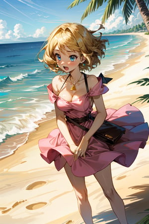 1girl, blonde hair, short hair, blue eyes, eyelashes, fair skin, excited, medium breast, ((light pink sundress, triangle cups, knee length, surplice neckline, bare_shoulder, strap, elastic high waist design,)) one necklace, daytime, beach,sunlight, sunbeam, waves, standing, perfect fingers shape, front-view, negative_hand-neg, negative_hand, ,serena